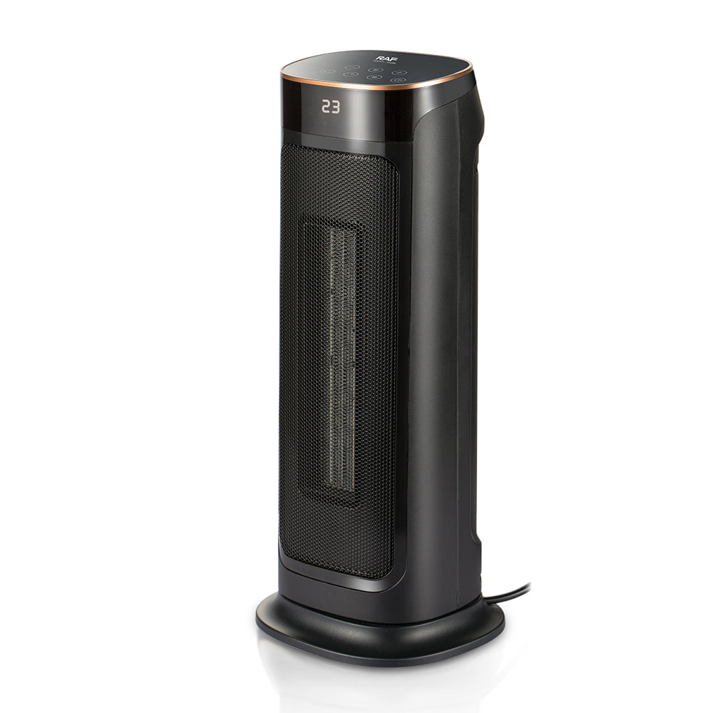 Krachtige 2000W ventilatorkachel in slank zwart ontwerp met digitale display, grote ventilatieopeningen en veiligheidsfuncties zoals oververhittings- en kantelbeveiliging