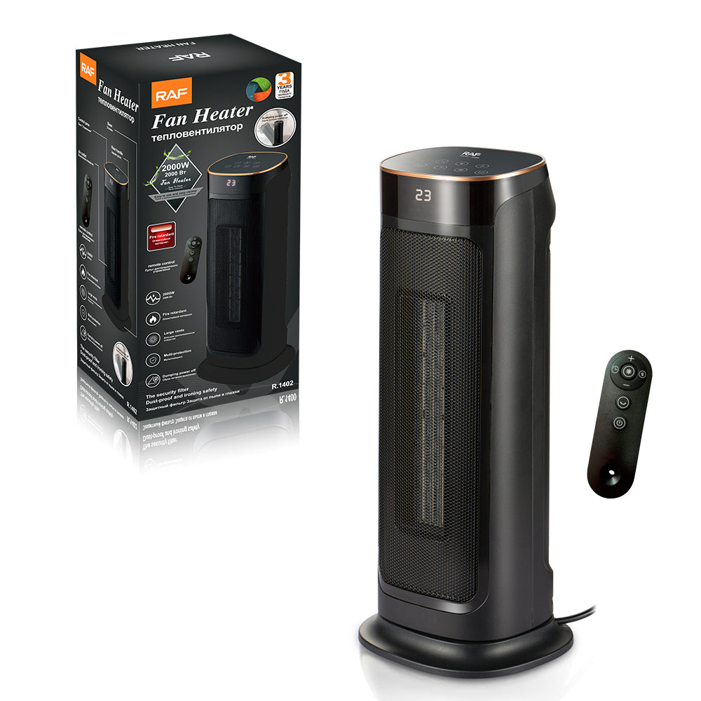 Zwarte 2000W ventilatorkachel met digitale display en afstandsbediening, afgebeeld naast de originele productverpakking