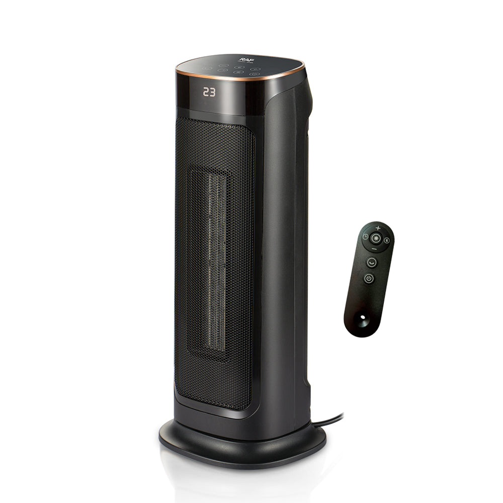 Zwarte 2000W ventilatorkachel met digitale display en afstandsbediening, los afgebeeld tegen een witte achtergrond