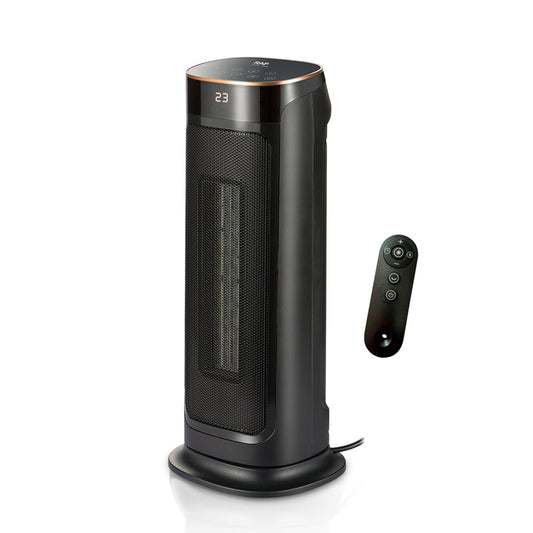 Zwarte 2000W ventilatorkachel met digitale display en afstandsbediening, los afgebeeld tegen een witte achtergrond