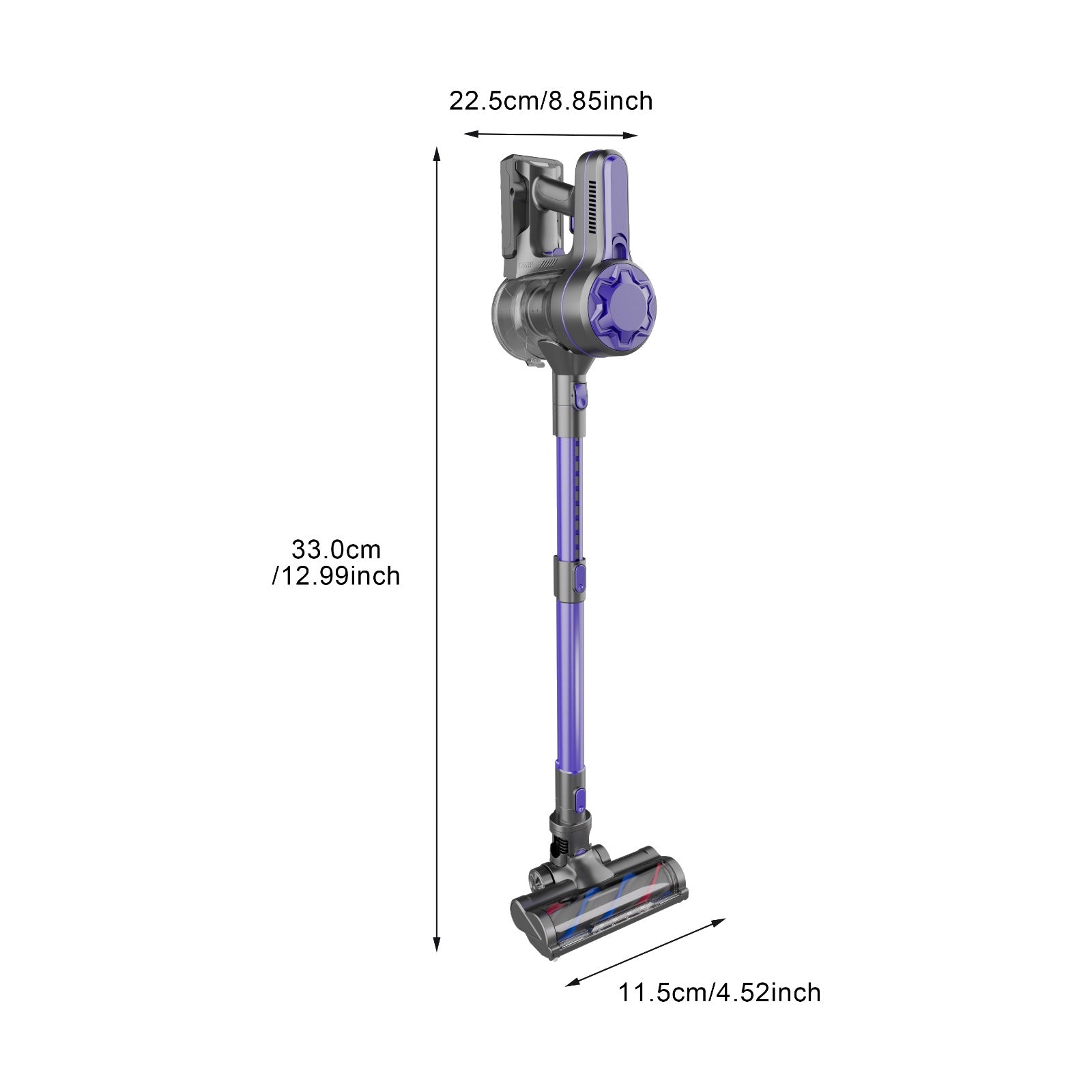 Afmetingen van de 4-in-1 steelstofzuiger weergegeven op een witte achtergrond, uitgedrukt in centimeters en inches.