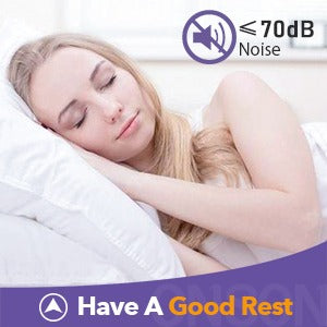 4-in-1 steelstofzuiger stille werking aangeduid met symbool voor geluid onder 70 dB, slapende dame en de tekst 'Have A Good Rest' onderaan de afbeelding.