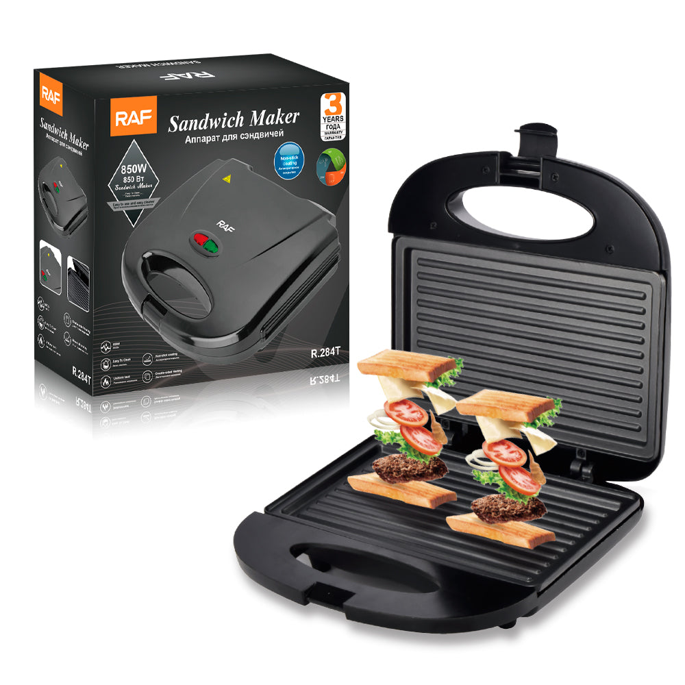 RAF Sandwichmaker - Tosti IJzer met open grill en vers bereide sandwiches, inclusief de productverpakking met specificaties. Compact ontwerp met antiaanbaklaag en indicatielampjes voor gemakkelijk gebruik in de keuken