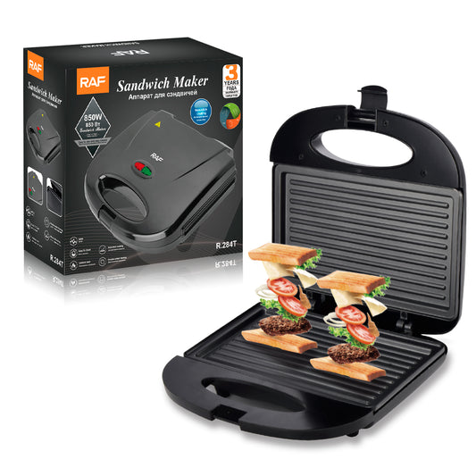 RAF Sandwichmaker - Tosti IJzer met open grill en vers bereide sandwiches, inclusief de productverpakking met specificaties. Compact ontwerp met antiaanbaklaag en indicatielampjes voor gemakkelijk gebruik in de keuken