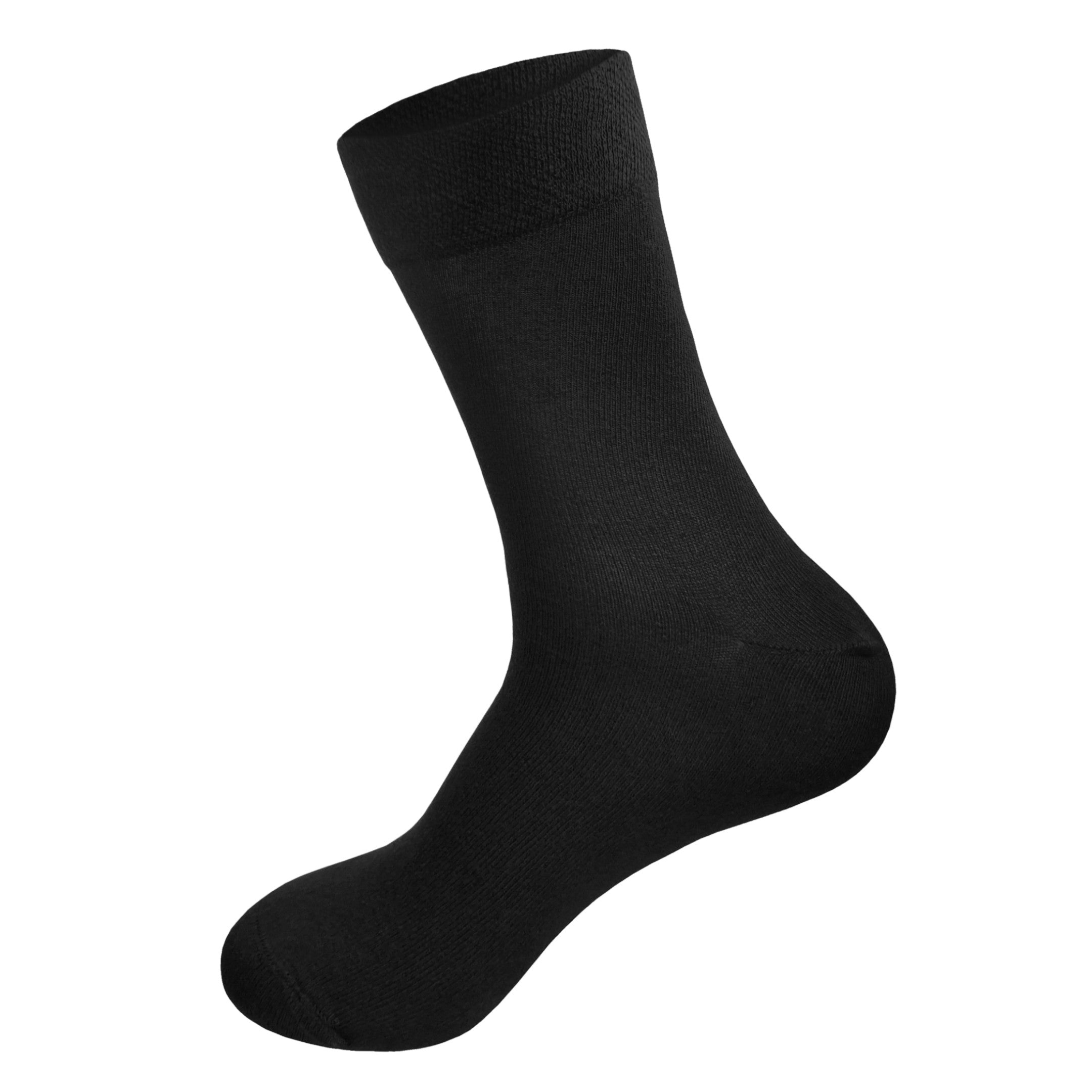 Vooraanzicht van een zwarte Calzera Klassieke Herensok met het voetmodel weggephotoshopt, waarbij de binnenkant van de boord een klein beetje zichtbaar is, ontworpen voor ultiem comfort en stijl.