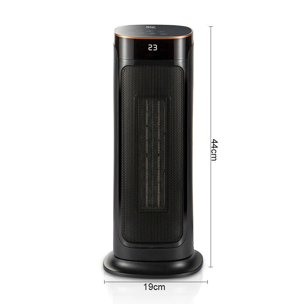 Zwarte 2000W ventilatorkachel met digitale display en weergegeven afmetingen van 44 cm hoogte en 19 cm breedte