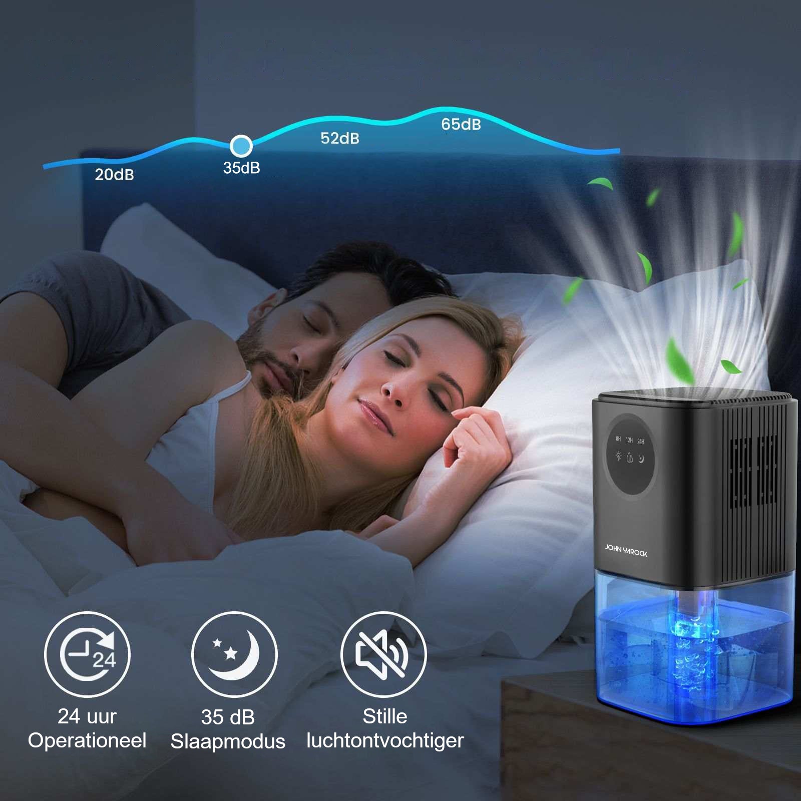 Stille JY100 John Yarock luchtontvochtiger in een slaapkamer, geschikt voor een rustige nachtrust met slaapmodus