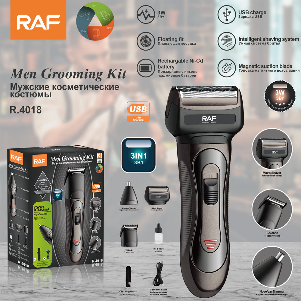Men Grooming Kit R.4018, een 3-in-1 oplaadbare scheerset met USB-oplaadfunctie, intelligent scheersysteem en opzetstukken voor neushaar, micro shaver en T-blade. Inclusief accessoires en verpakking
