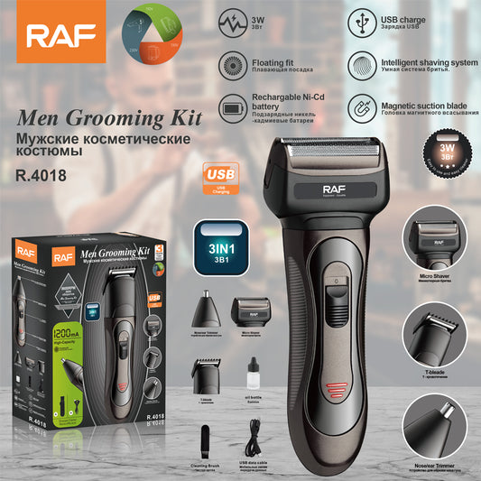Men Grooming Kit R.4018, een 3-in-1 oplaadbare scheerset met USB-oplaadfunctie, intelligent scheersysteem en opzetstukken voor neushaar, micro shaver en T-blade. Inclusief accessoires en verpakking