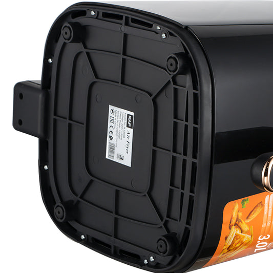 Onderkant van de RAF Air Fryer 3L in zwart, toont het stevige ontwerp en antislipvoetjes voor stabiliteit tijdens het koken.