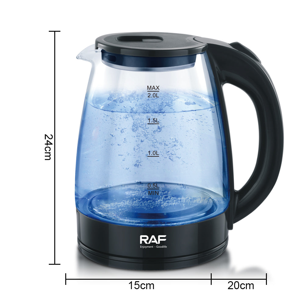 RAF Elektrische Glazen Waterkoker met een inhoud van 2 liter, blauwe LED-verlichting, en afmetingen van 24 cm hoog, 15 cm breed en 20 cm diep