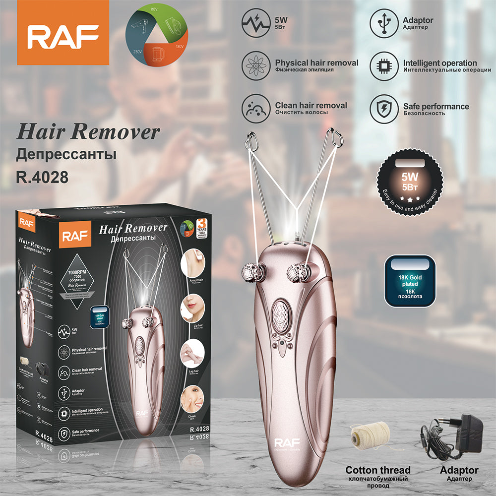 Informatieve afbeelding van de RAF Epilator met modelnummer, merkadapter van 5W, en kenmerken zoals clean hair removal, physical hair removal, en safe performance. De epilator wordt getoond naast de verpakking, met een rol cotton thread en adapter ernaast.