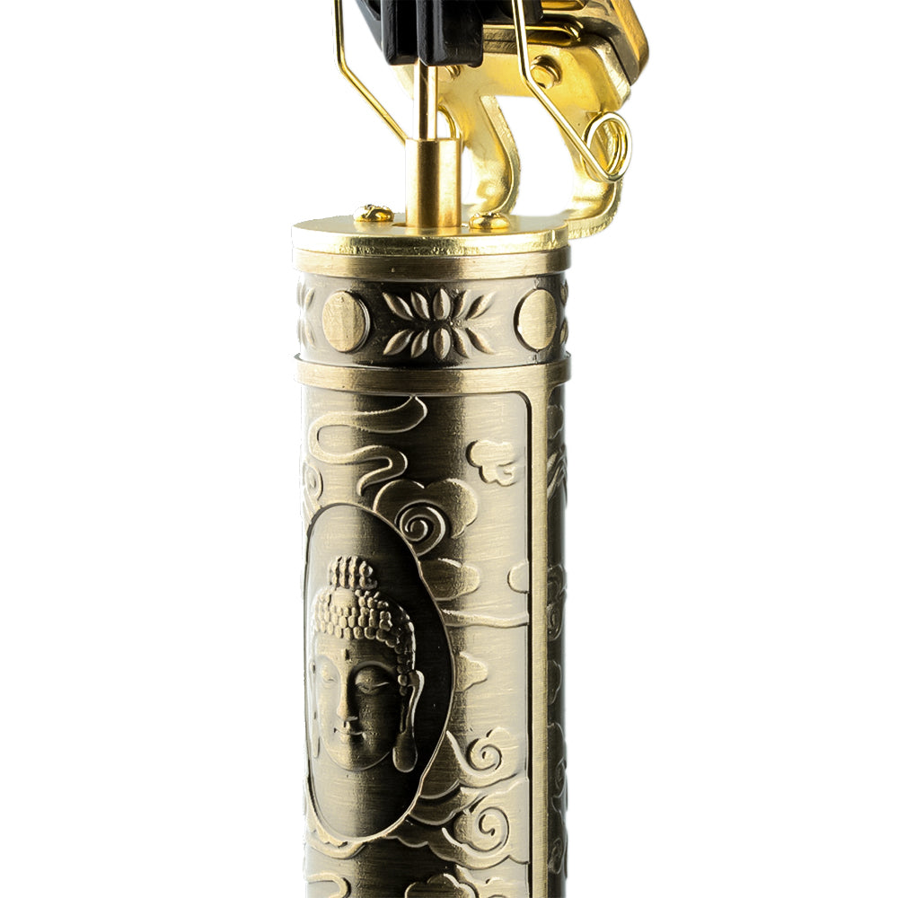 Detailfoto van de andere kant van de grip van de RAF Professionele Elektrische Tondeuse, met een duidelijke weergave van de gegraveerde afbeelding van Boeda, wat de hoogwaardige afwerking en het comfortabele ergonomische ontwerp benadrukt."