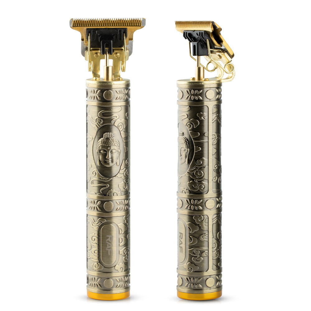 Vooraanzicht van de RAF Professionele Elektrische Tondeuse naast een versie die 45 graden verticaal is geroteerd, met een focus op het ergonomische ontwerp en de precisiebladen voor een nauwkeurige en gelijkmatige trim.