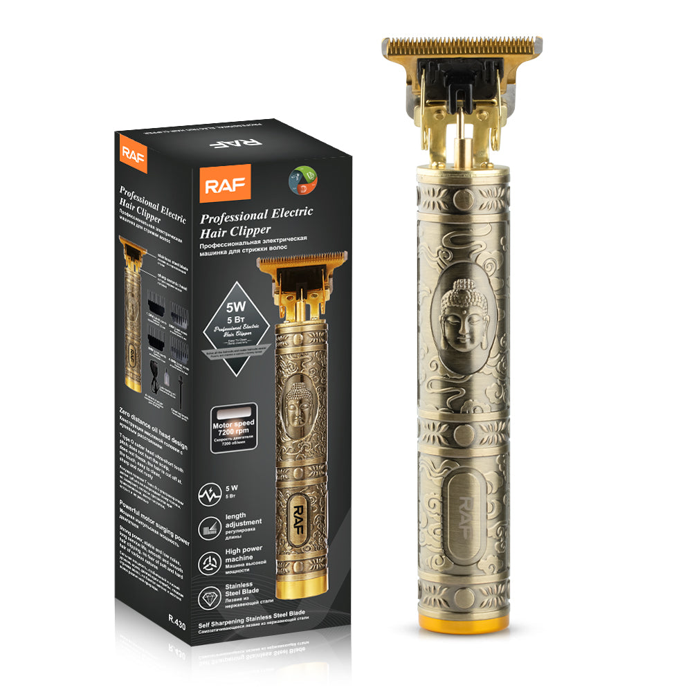 Vooraanzicht van de RAF Professionele Elektrische Tondeuse met verpakking, inclusief zichtbare voorkant, rechterkant en bovenkant van de doos, op een witte achtergrond.