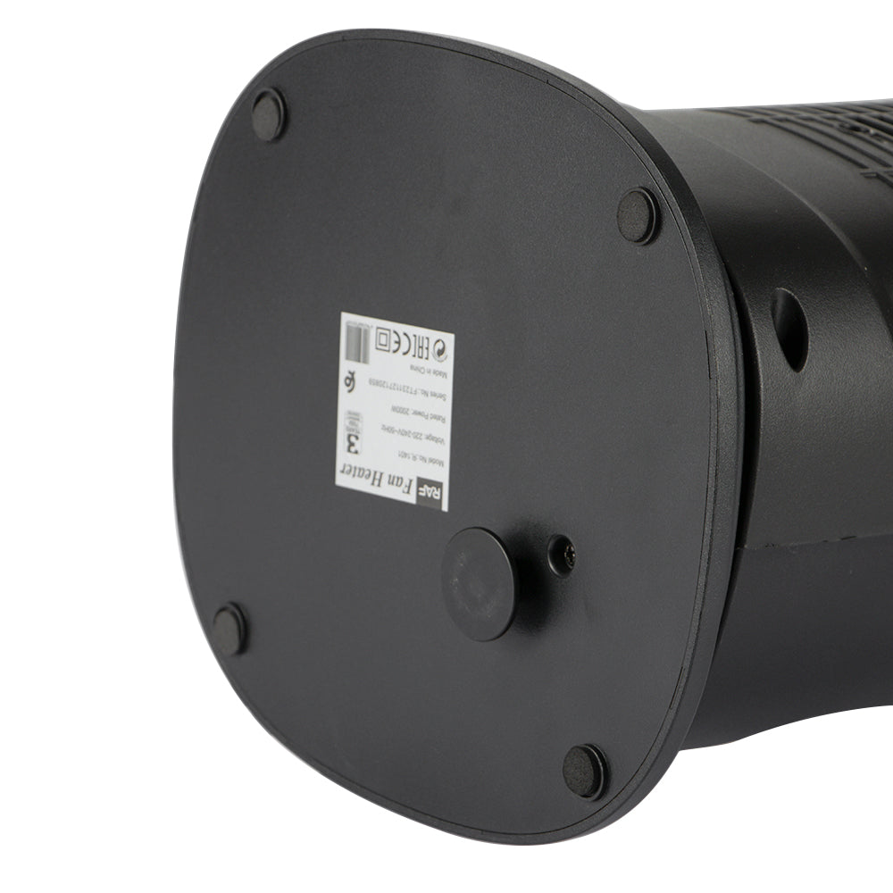 Onderkant van de RAF ventilatorkachel met antislipvoetjes en technische specificaties op een sticker