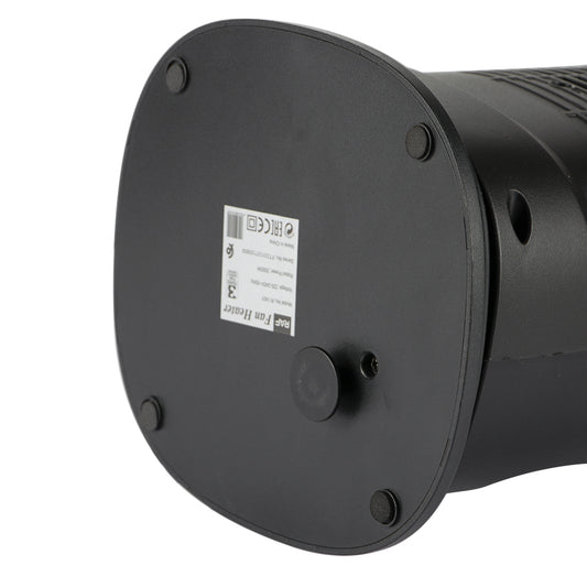 Onderkant van de RAF ventilatorkachel met antislipvoetjes en technische specificaties op een sticker