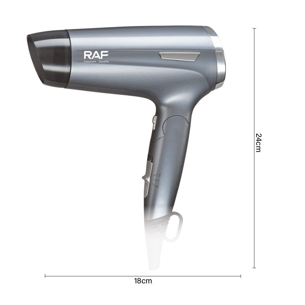 Afbeelding van de dimensies van de Reisföhn 1600W in zijaanzicht, die de lengte, breedte en hoogte van de föhn toont, perfect voor een duidelijk overzicht van het compacte ontwerp en de gebruiksvriendelijkheid.