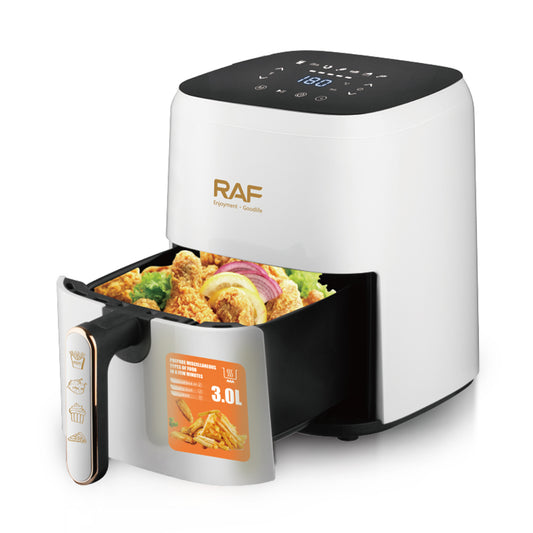 Witte RAF Air Fryer 3L met open lade gevuld met knapperige kip en groenten, met een duidelijk display op het digitale touchscreen